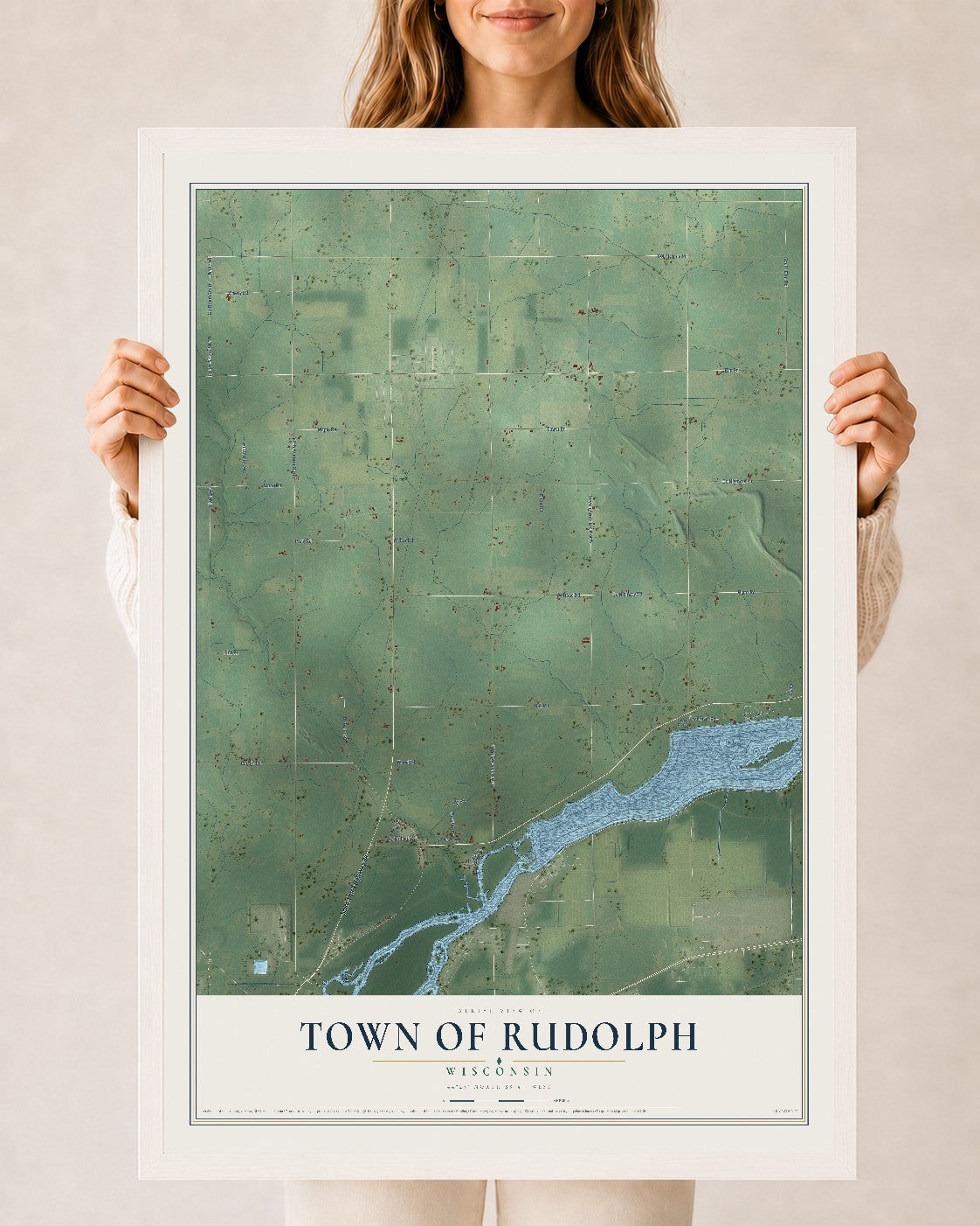Map of the Town of Rudolph, Wisconsin, 24 x 36 inch print in a white wood frame