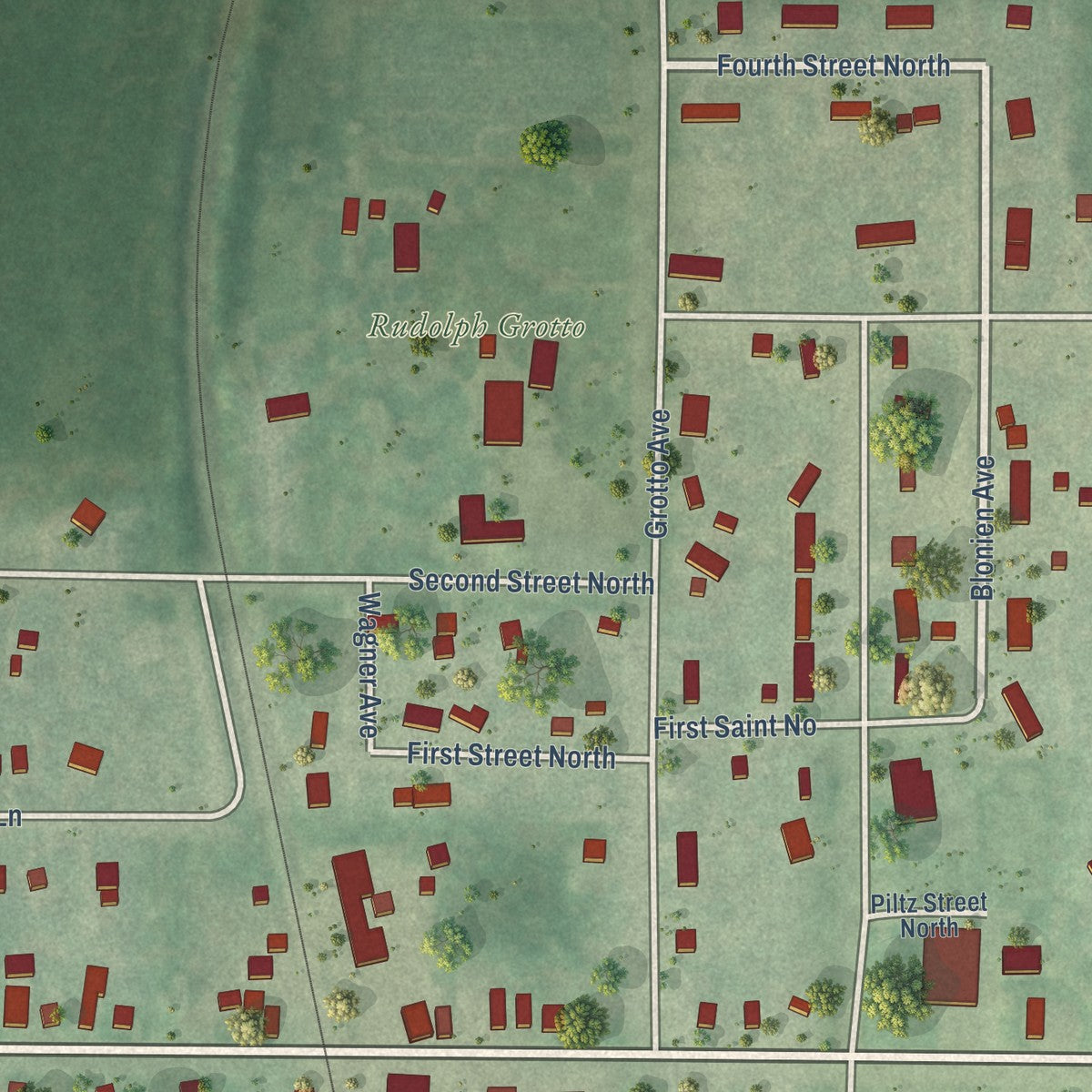 Close-up of the map of Rudolph, Wisconsin print showing street and building detail