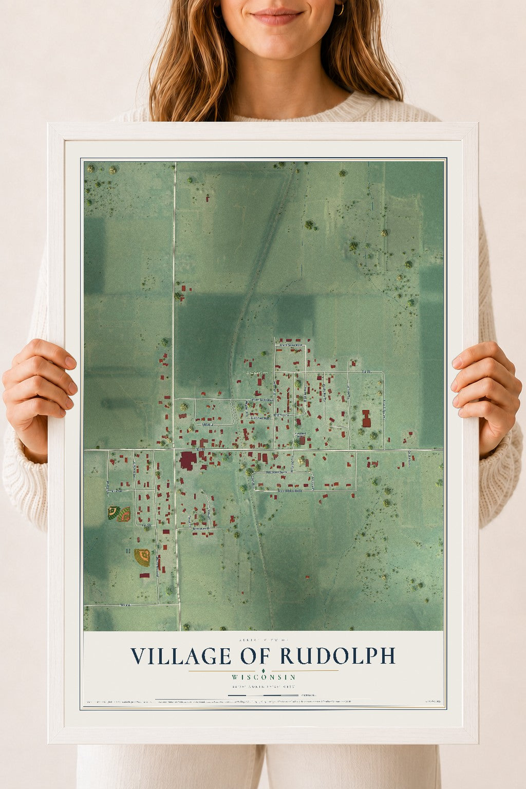 Map of Rudolph, Wisconsin, 18 x 24 inch print in a white wood frame