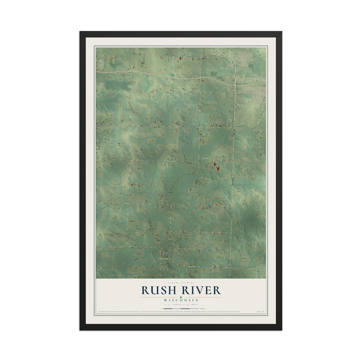 Map of Rush River, Wisconsin, 12 x 18 inch print in a black wood frame