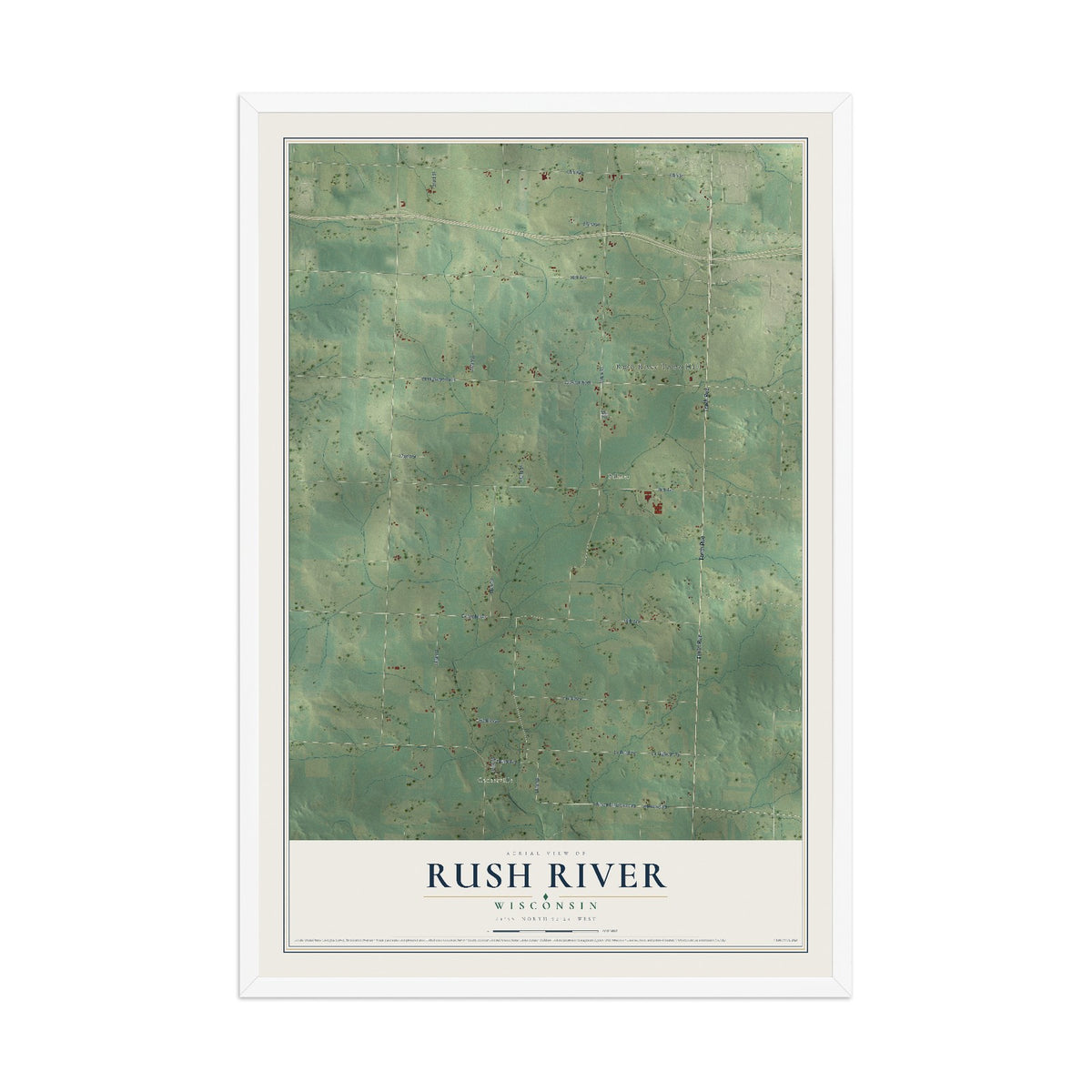 Map of Rush River, Wisconsin, 12 x 18 inch print in a white wood frame
