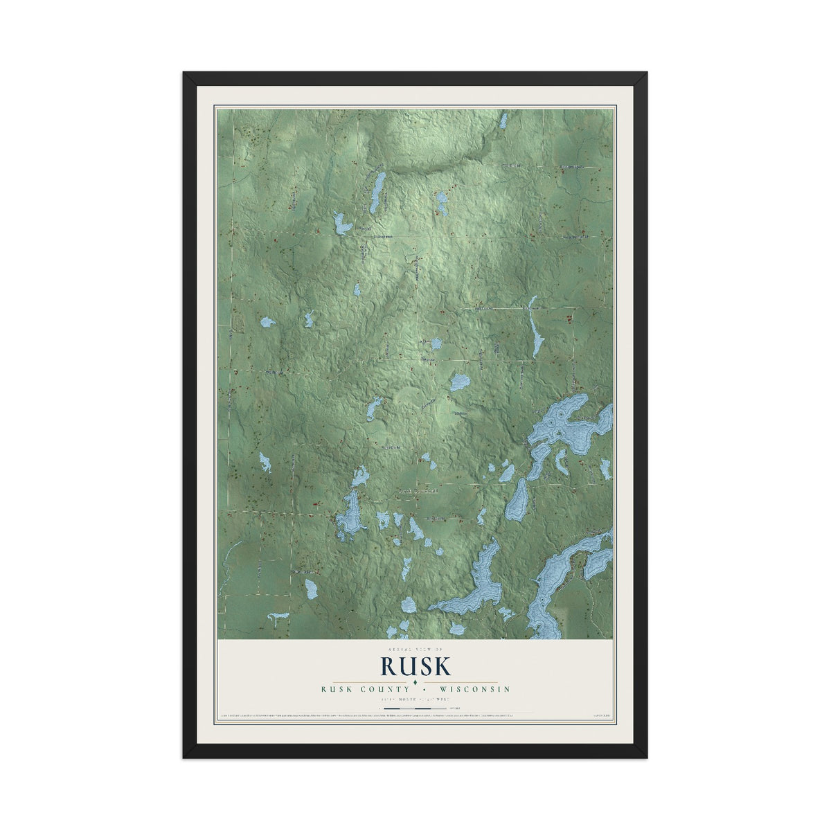 Map of Rusk, Rusk County, Wisconsin, 12 x 18 inch print in a black wood frame