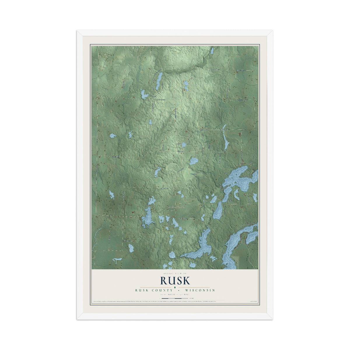 Map of Rusk, Rusk County, Wisconsin, 12 x 18 inch print in a white wood frame