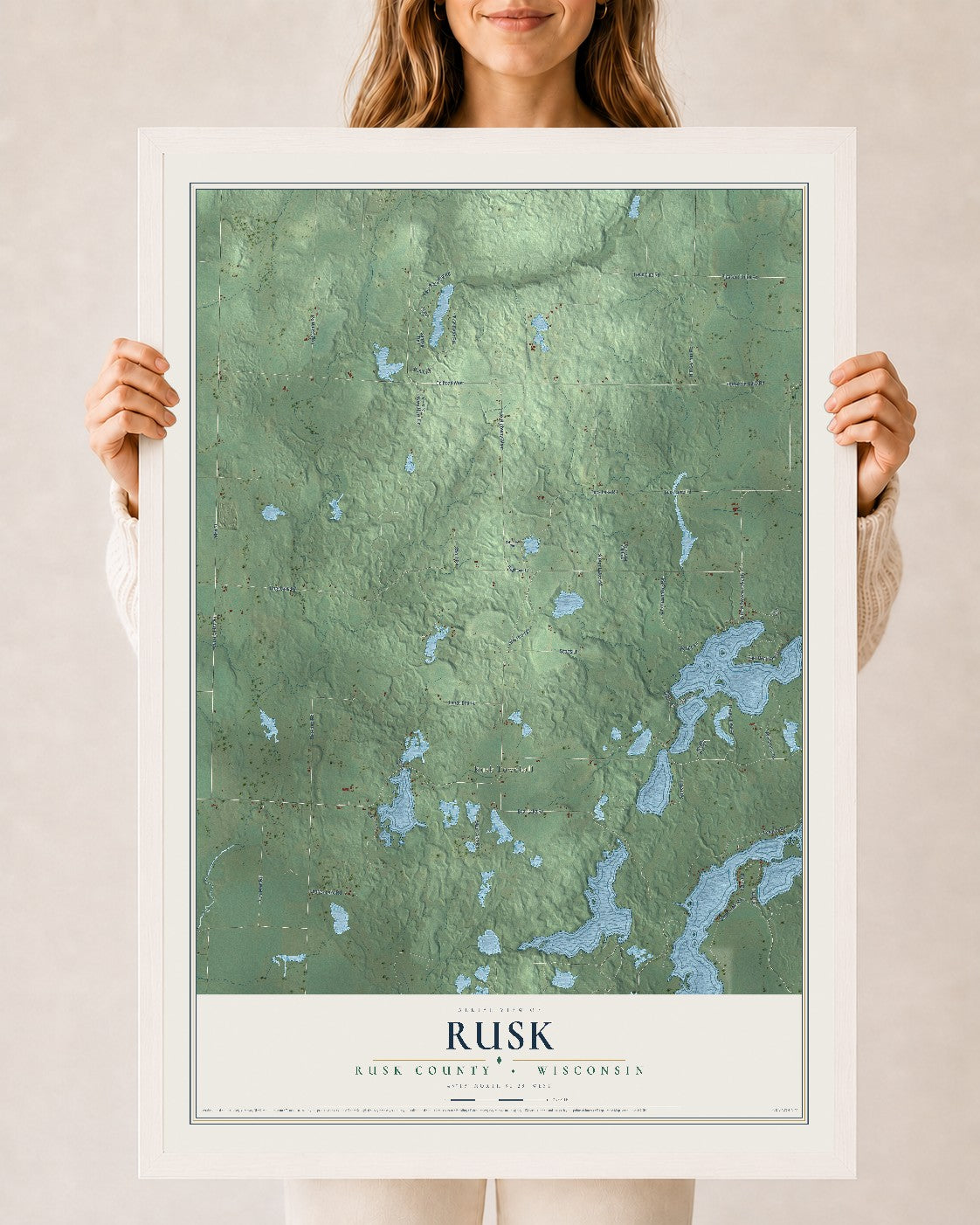 Map of Rusk, Rusk County, Wisconsin, 24 x 36 inch print in a white wood frame