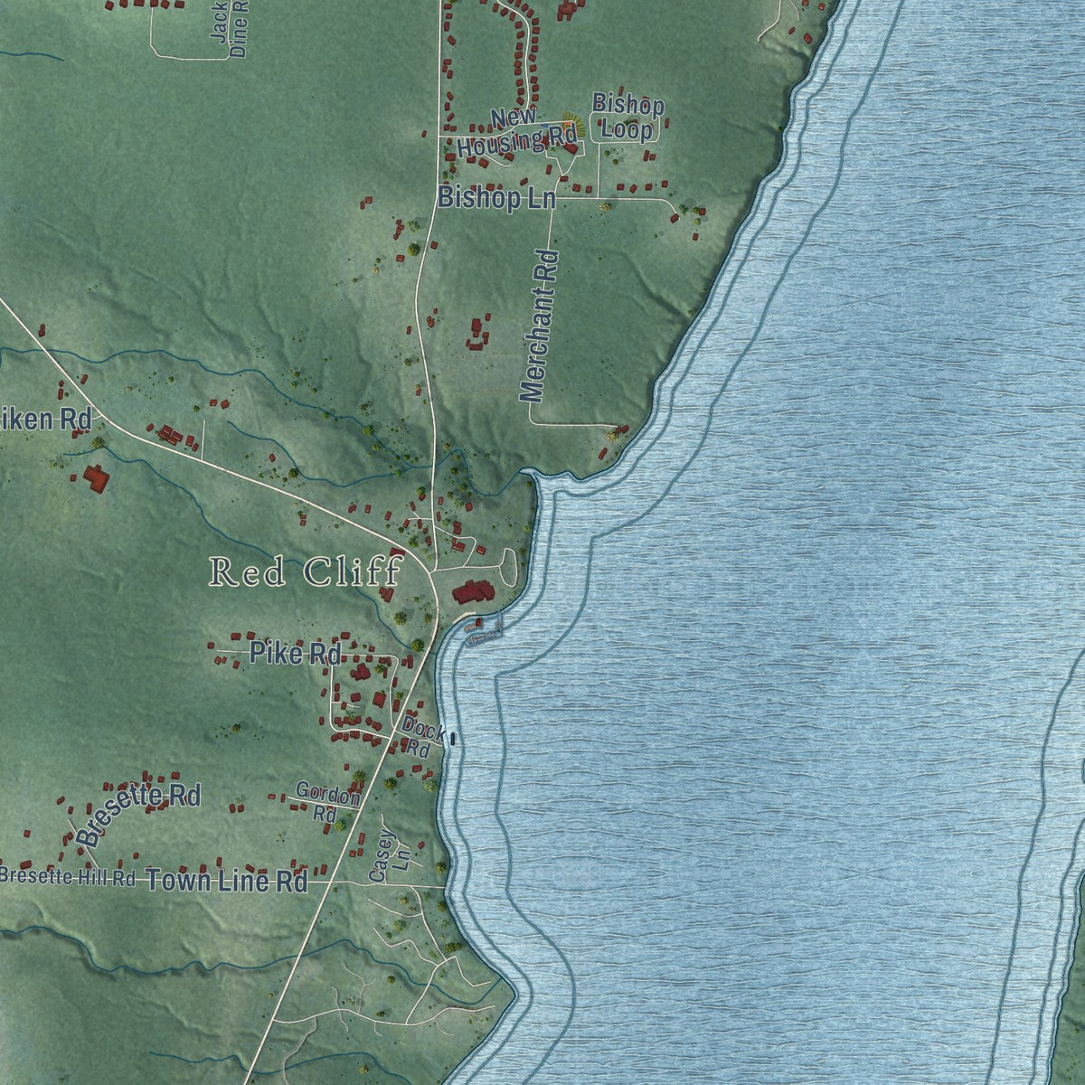 Close-up of the map of Russell, Bayfield County, Wisconsin print showing street and building detail