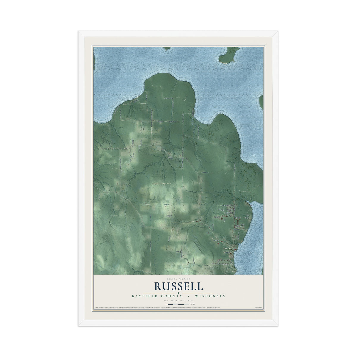 Map of Russell, Bayfield County, Wisconsin, 12 x 18 inch print in a white wood frame
