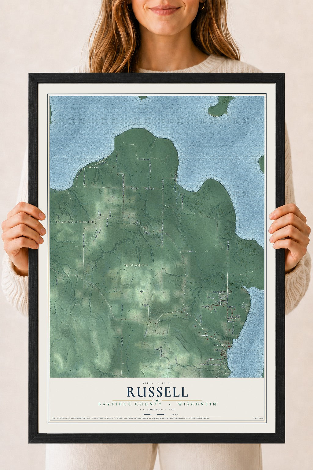 Map of Russell, Bayfield County, Wisconsin, 18 x 24 inch print in a black wood frame