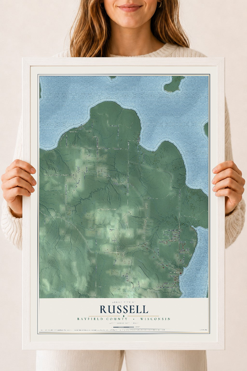 Map of Russell, Bayfield County, Wisconsin, 18 x 24 inch print in a white wood frame