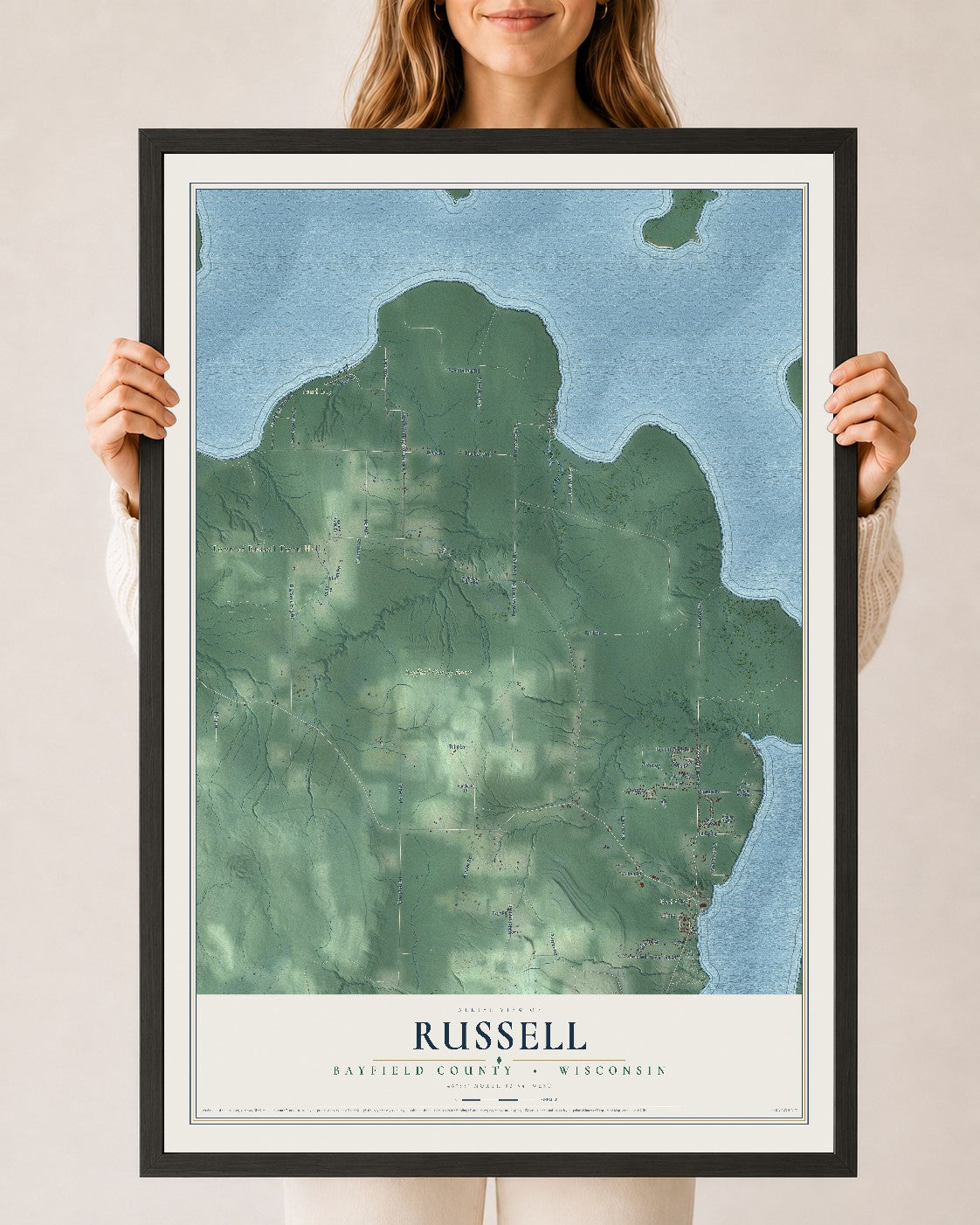 Map of Russell, Bayfield County, Wisconsin, 24 x 36 inch print in a black wood frame
