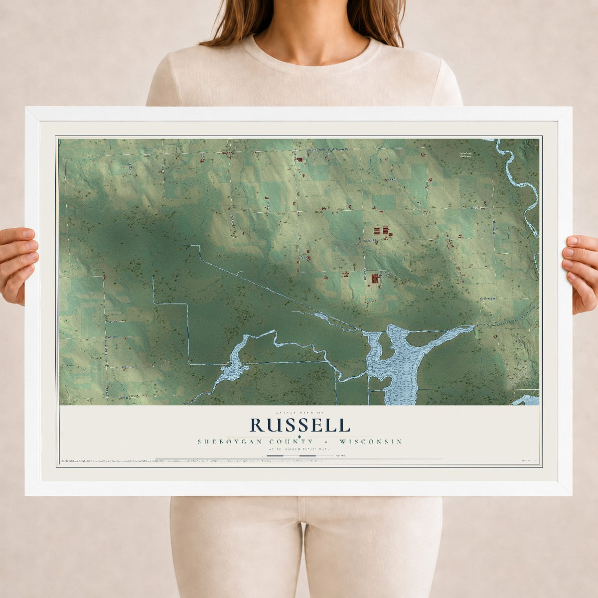 Map of Russell, Sheboygan County, Wisconsin, 18 x 24 inch print in a white wood frame