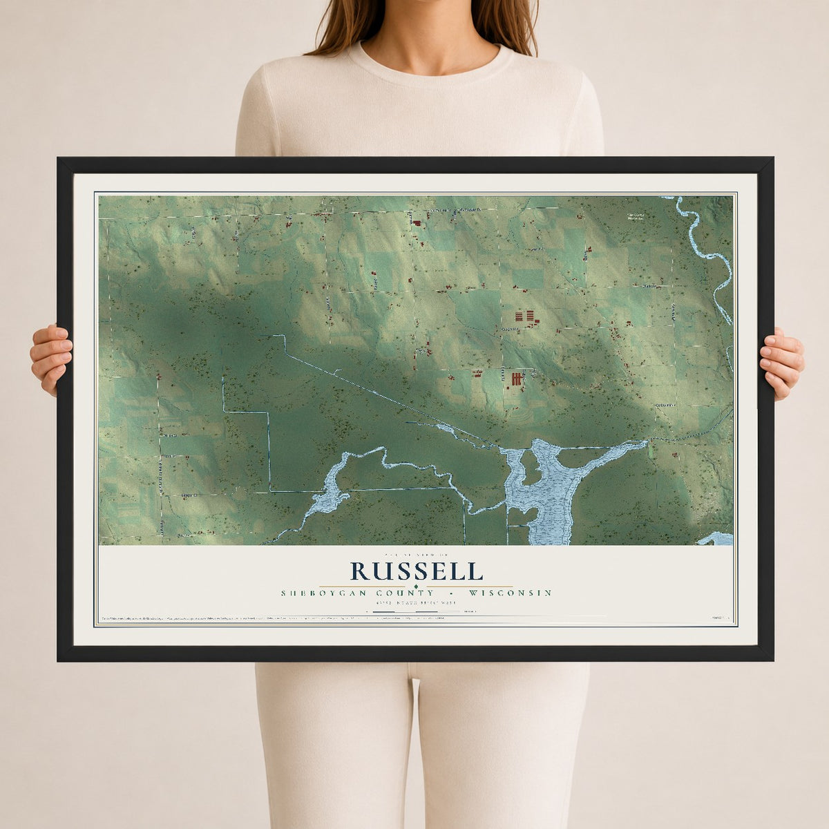 Map of Russell, Sheboygan County, Wisconsin, 24 x 36 inch print in a black wood frame
