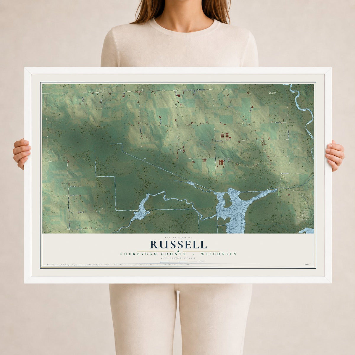 Map of Russell, Sheboygan County, Wisconsin, 24 x 36 inch print in a white wood frame