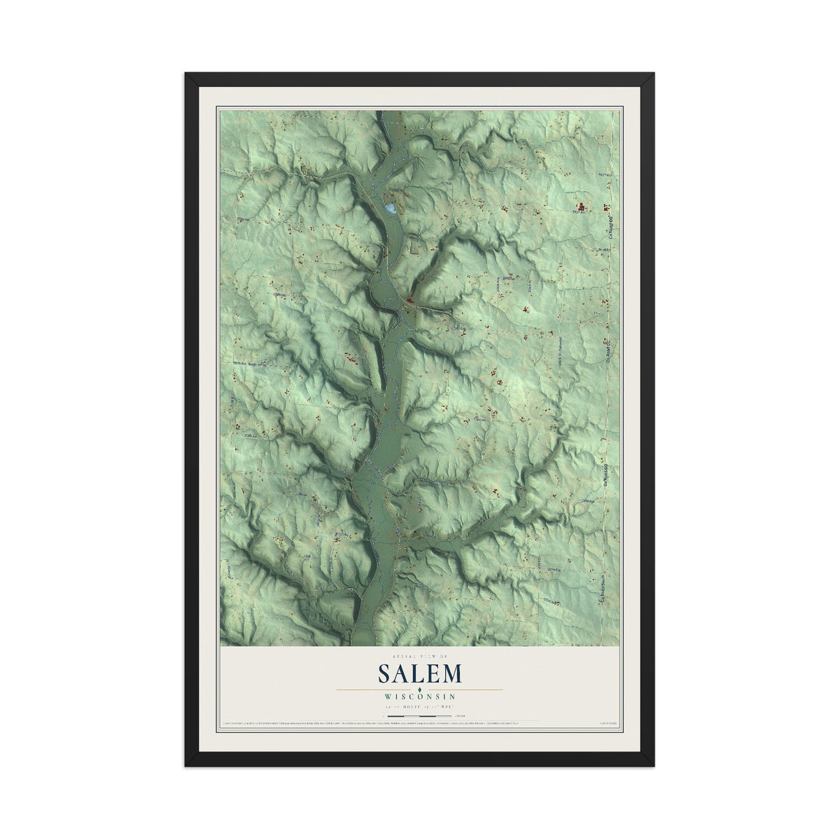 Map of Salem, Wisconsin, 12 x 18 inch print in a black wood frame