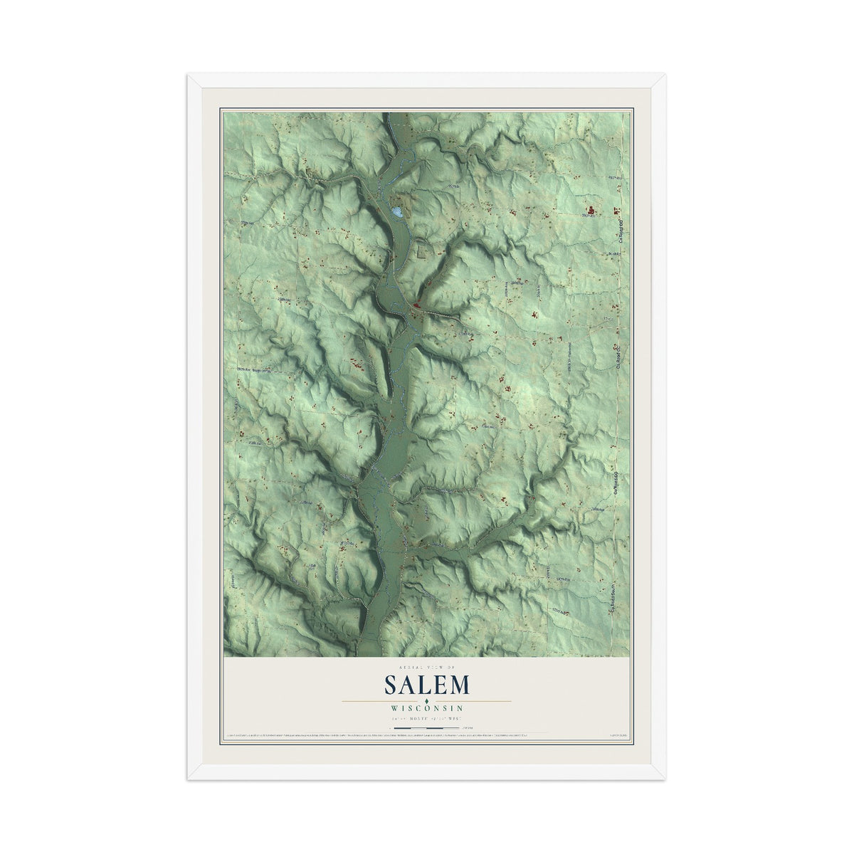 Map of Salem, Wisconsin, 12 x 18 inch print in a white wood frame