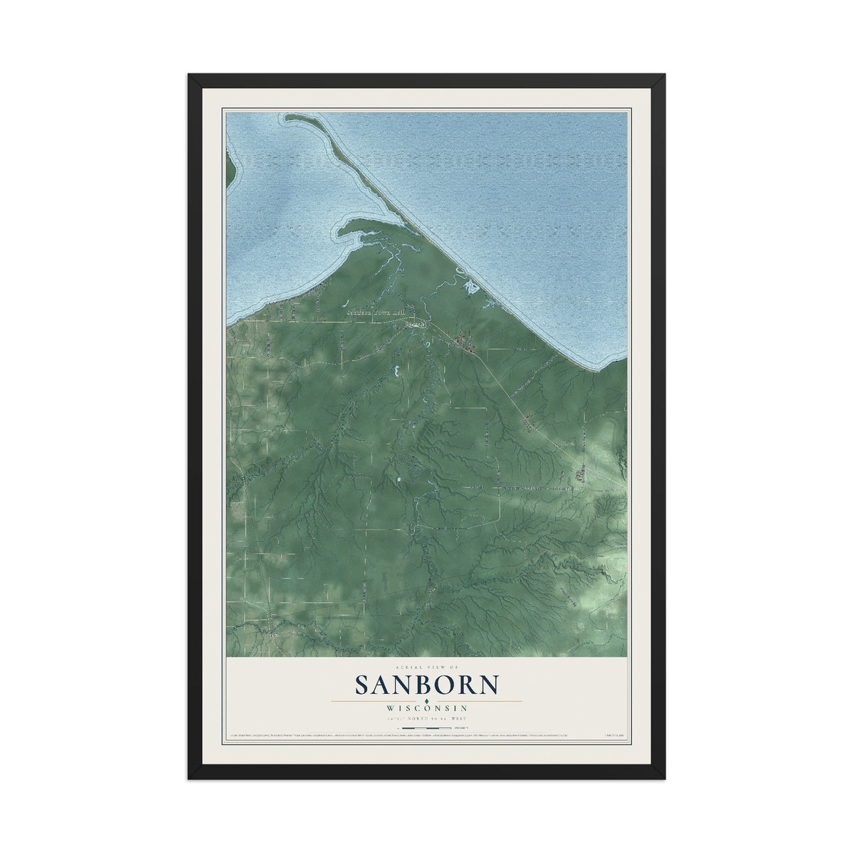 Map of Sanborn, Wisconsin, 12 x 18 inch print in a black wood frame