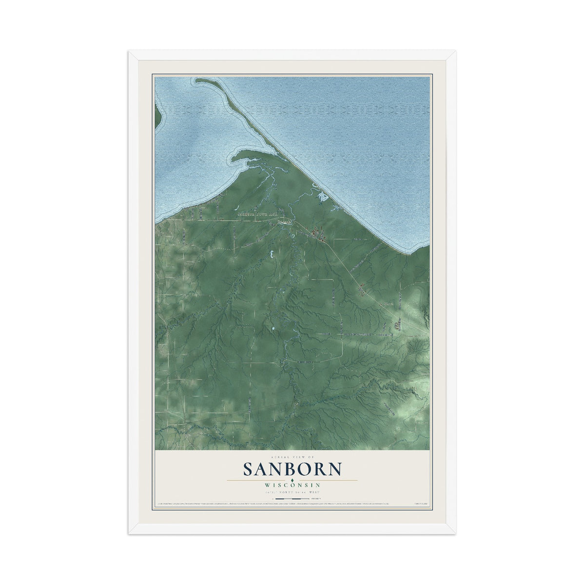 Map of Sanborn, Wisconsin, 12 x 18 inch print in a white wood frame