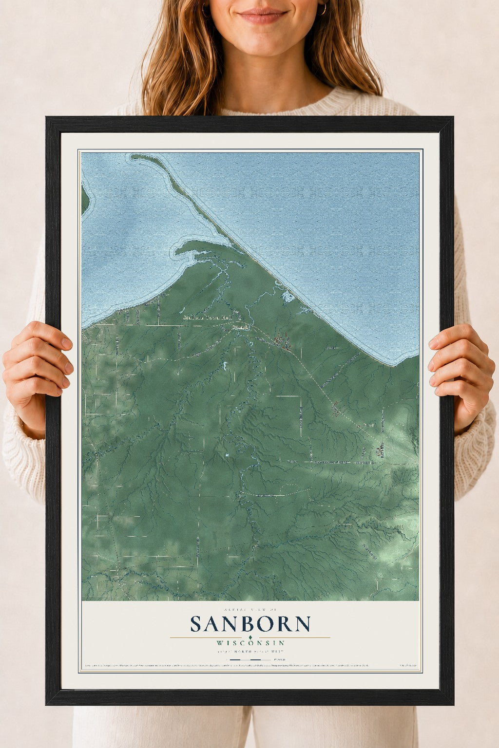 Map of Sanborn, Wisconsin, 18 x 24 inch print in a black wood frame