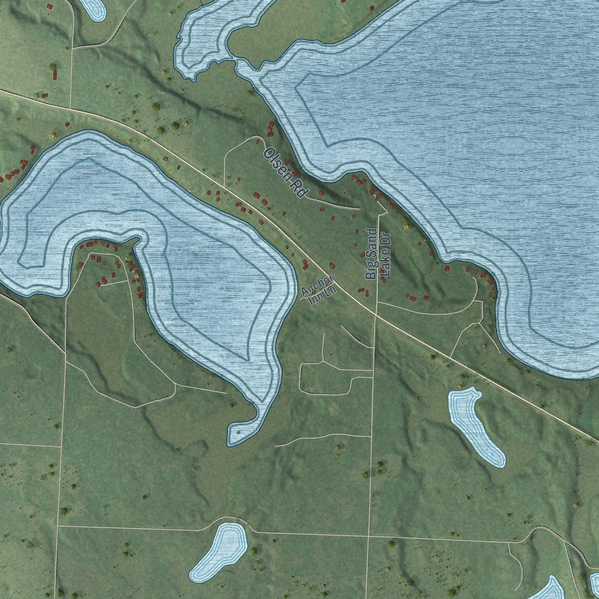 Close-up of the map of Sand Lake, Burnett County, Wisconsin print showing street and building detail