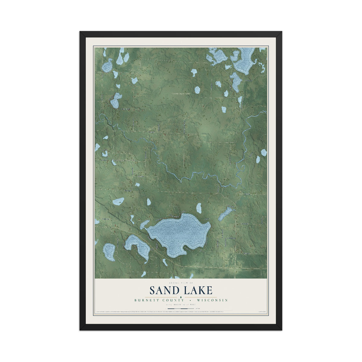 Map of Sand Lake, Burnett County, Wisconsin, 12 x 18 inch print in a black wood frame