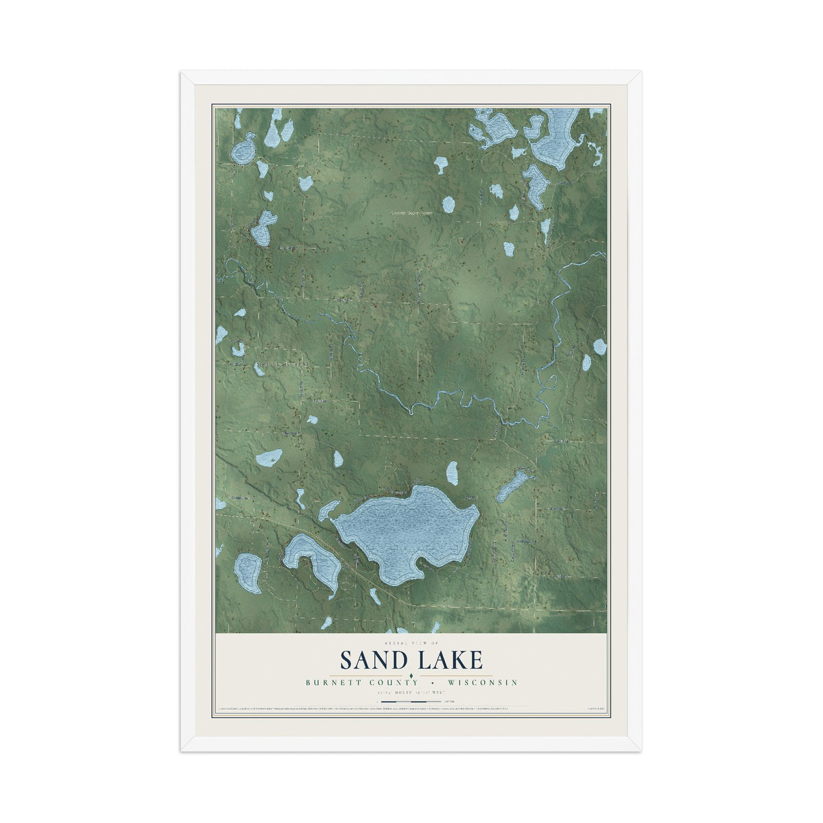 Map of Sand Lake, Burnett County, Wisconsin, 12 x 18 inch print in a white wood frame