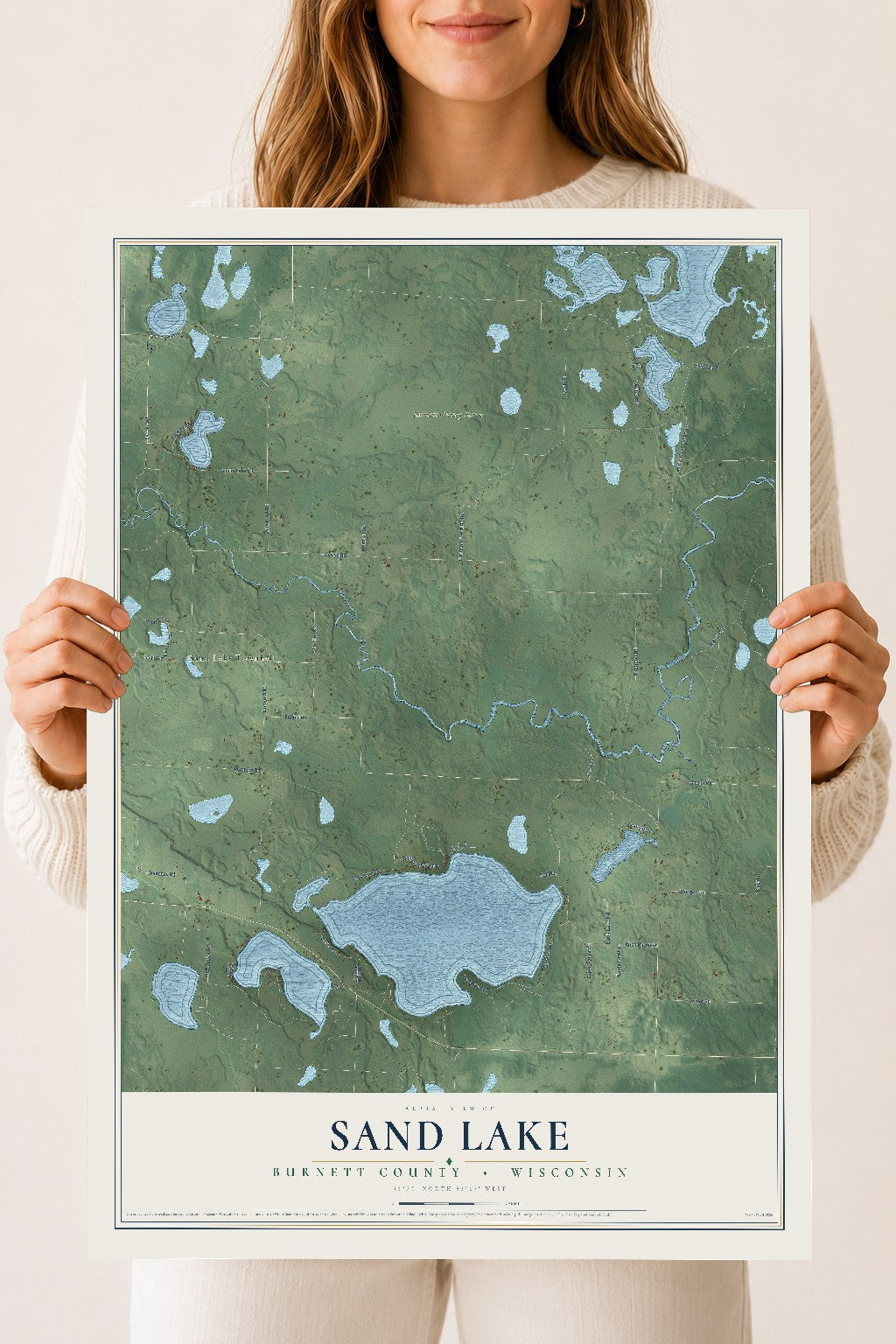 Map of Sand Lake, Burnett County, Wisconsin, 18 x 24 inch unframed archival matte print