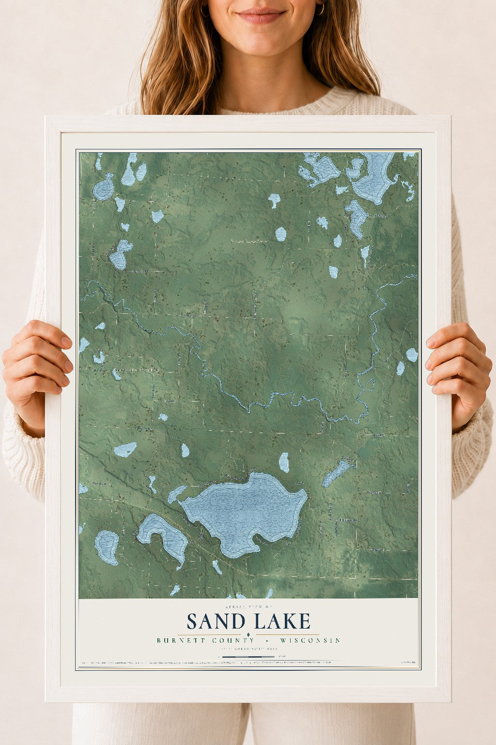 Map of Sand Lake, Burnett County, Wisconsin, 18 x 24 inch print in a white wood frame