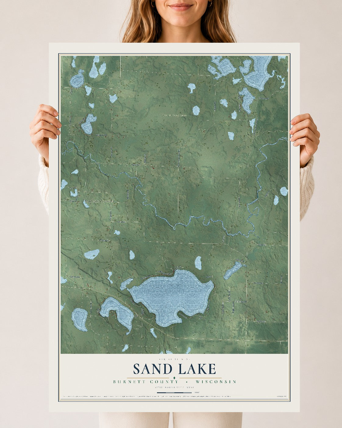 Map of Sand Lake, Burnett County, Wisconsin, 24 x 36 inch unframed archival matte print