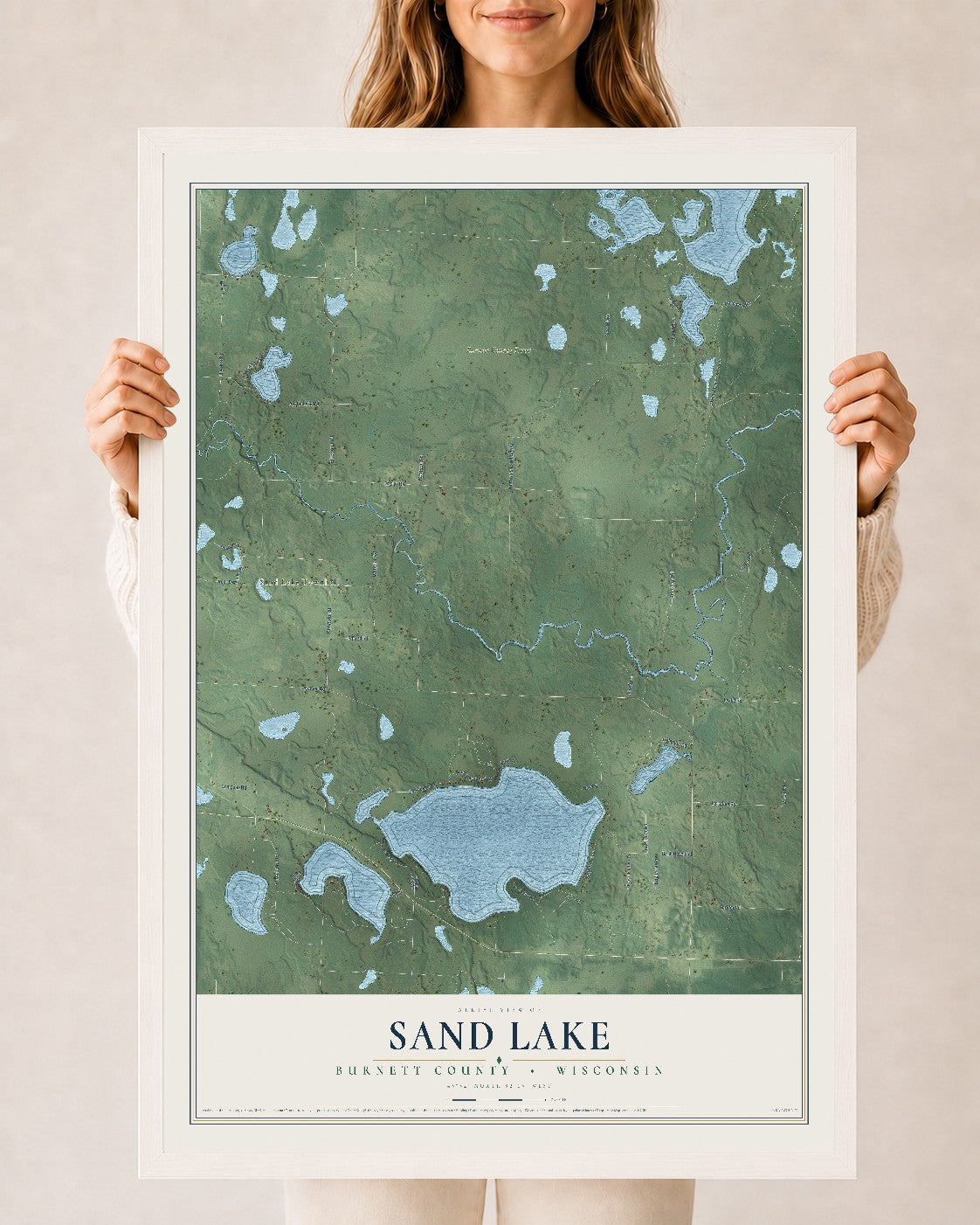 Map of Sand Lake, Burnett County, Wisconsin, 24 x 36 inch print in a white wood frame