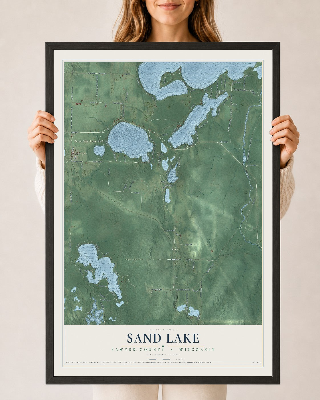 Map of Sand Lake, Sawyer County, Wisconsin, 24 x 36 inch print in a black wood frame