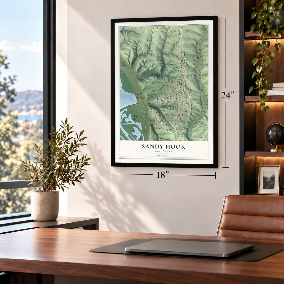 Sandy Hook, Wisconsin map, 18 x 24 inch print in a black frame in a home office