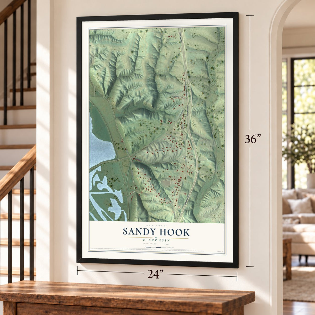 Sandy Hook, Wisconsin map, 24 x 36 inch print in a black frame by a staircase