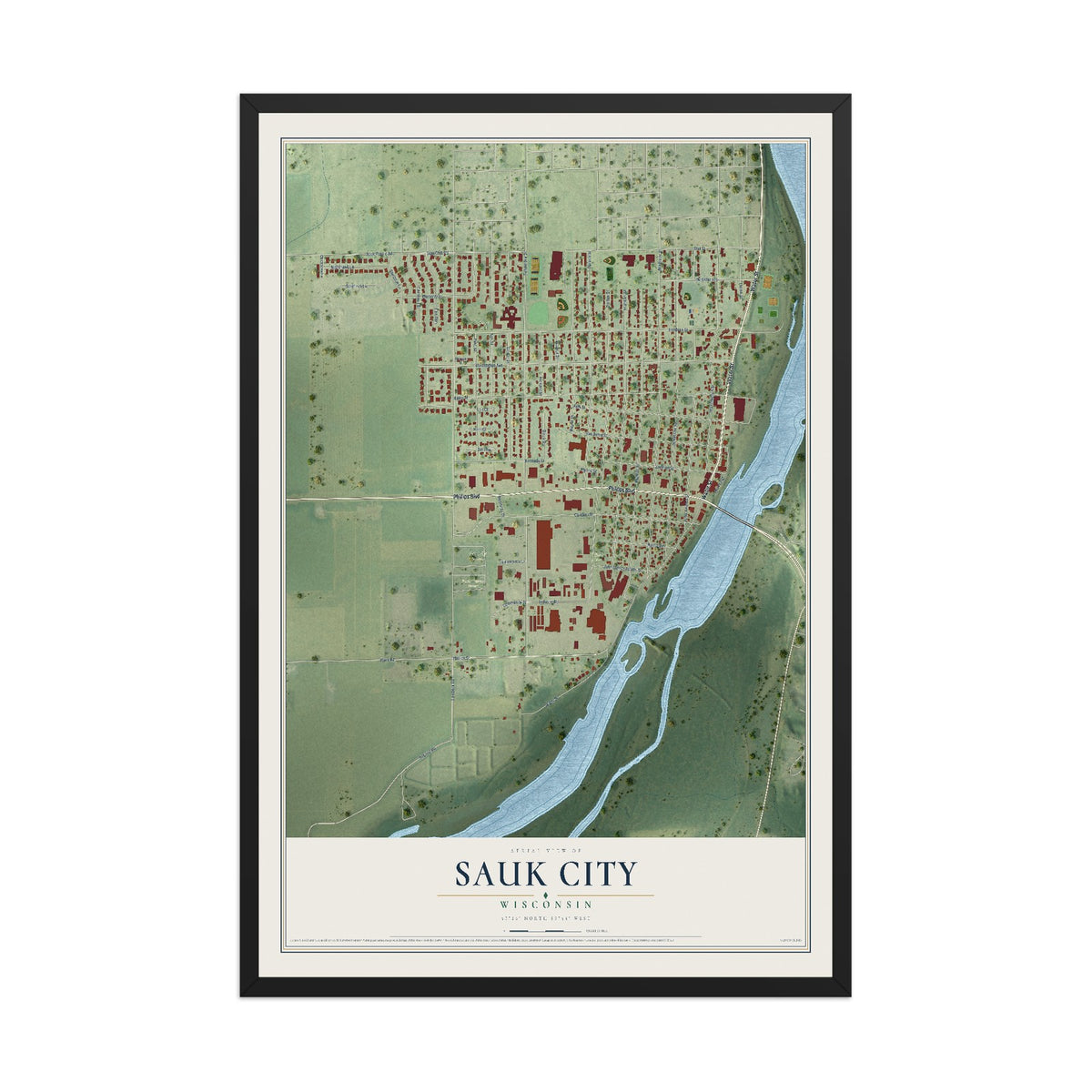 Map of Sauk City, Wisconsin, 12 x 18 inch print in a black wood frame