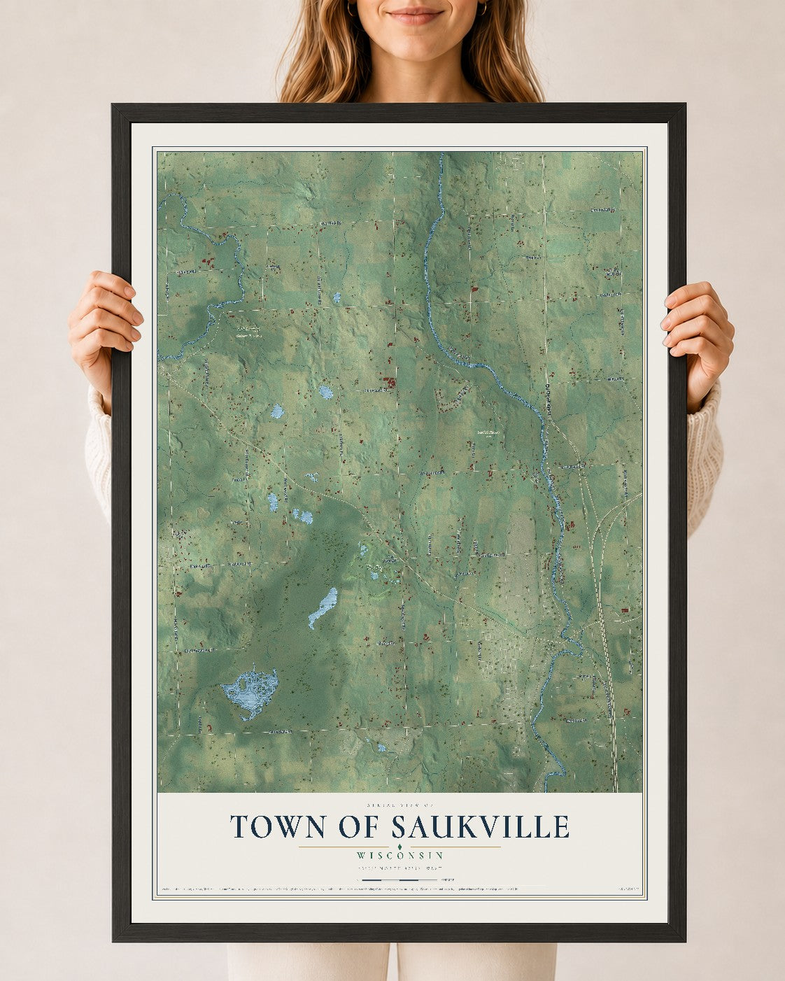 Map of the Town of Saukville, Wisconsin, 24 x 36 inch print in a black wood frame