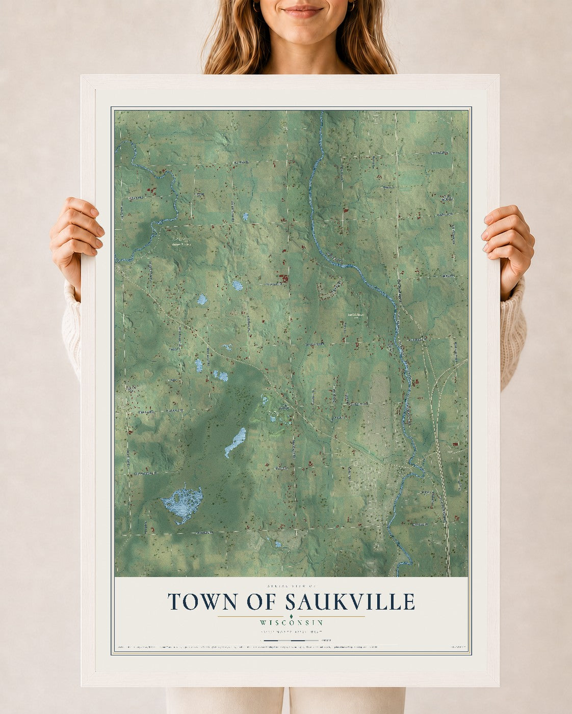 Map of the Town of Saukville, Wisconsin, 24 x 36 inch print in a white wood frame