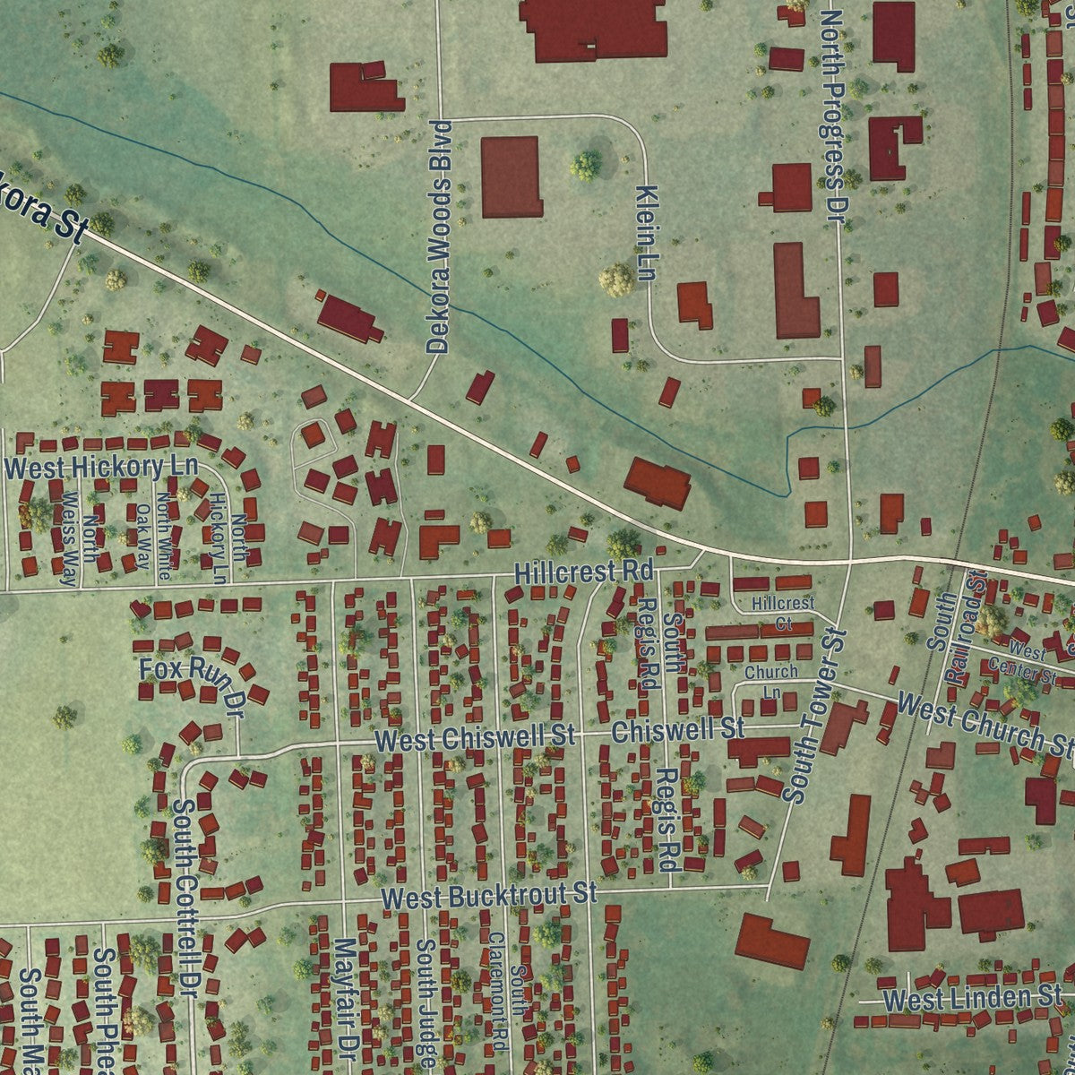 Close-up of the map of Saukville, Wisconsin print showing street and building detail