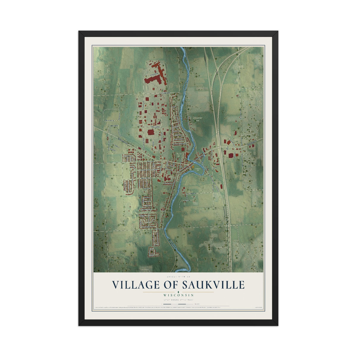 Map of Saukville, Wisconsin, 12 x 18 inch print in a black wood frame