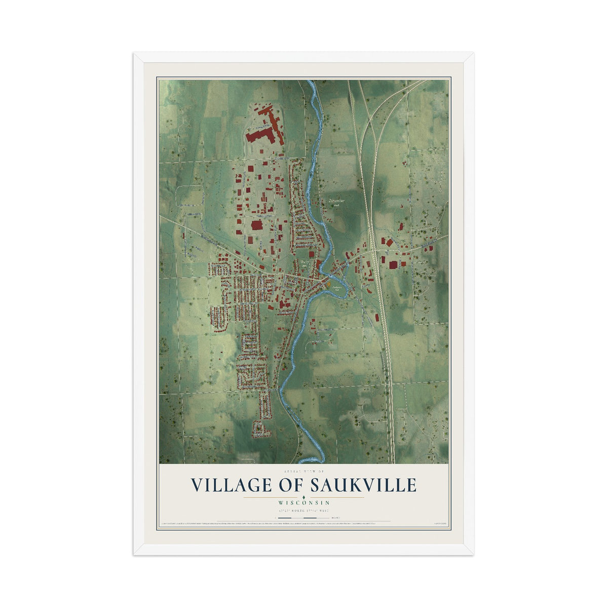 Map of Saukville, Wisconsin, 12 x 18 inch print in a white wood frame