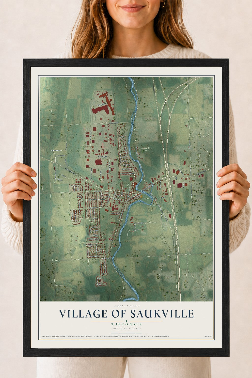 Map of Saukville, Wisconsin, 18 x 24 inch print in a black wood frame