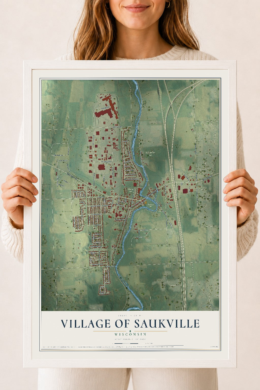Map of Saukville, Wisconsin, 18 x 24 inch print in a white wood frame