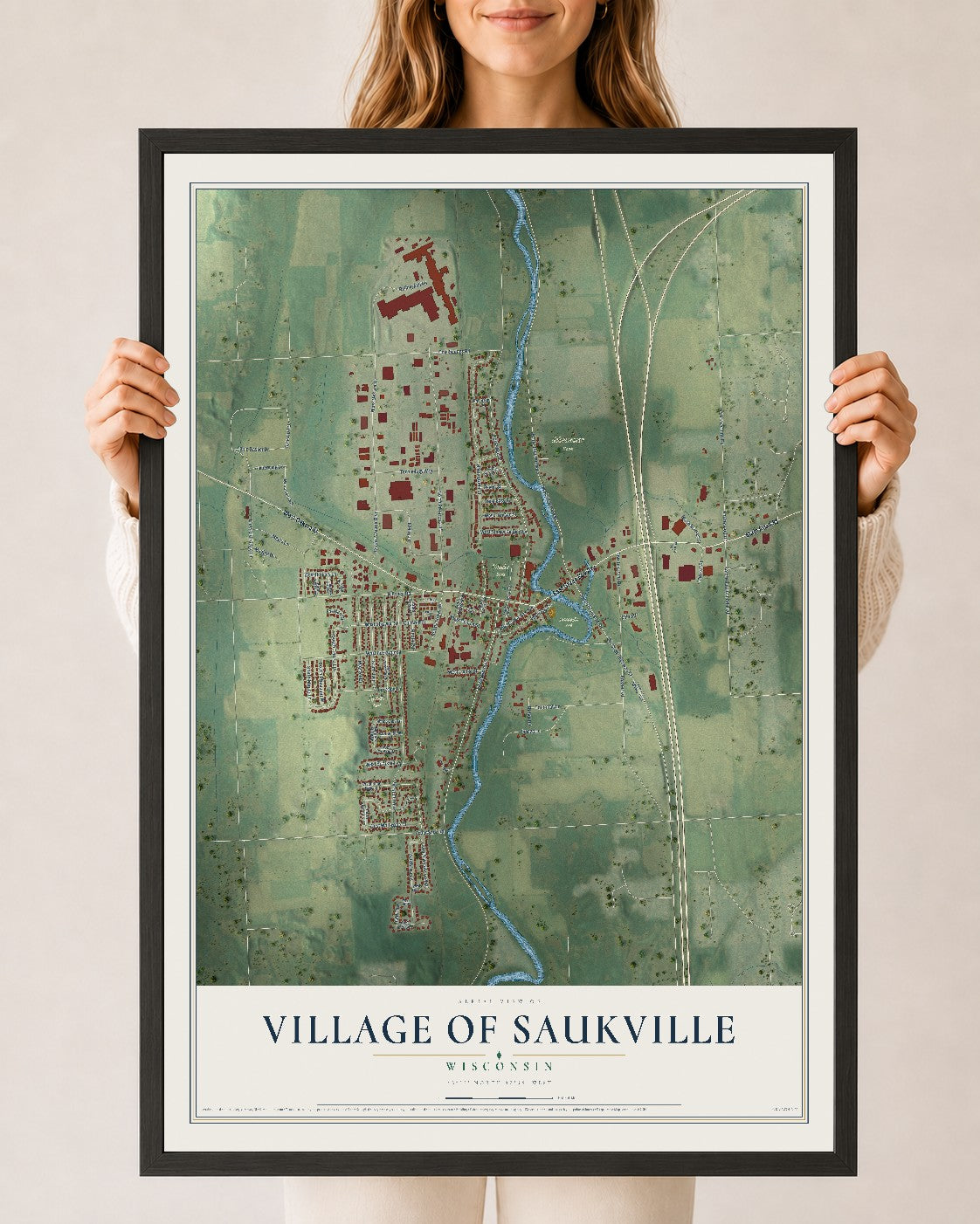 Map of Saukville, Wisconsin, 24 x 36 inch print in a black wood frame