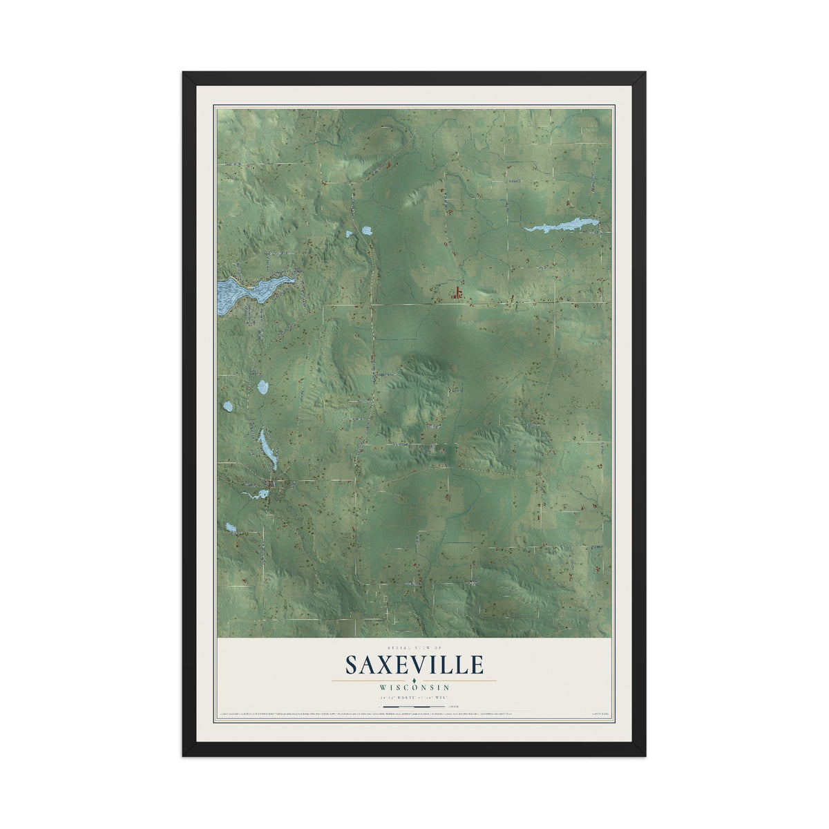 Map of Saxeville, Wisconsin, 12 x 18 inch print in a black wood frame