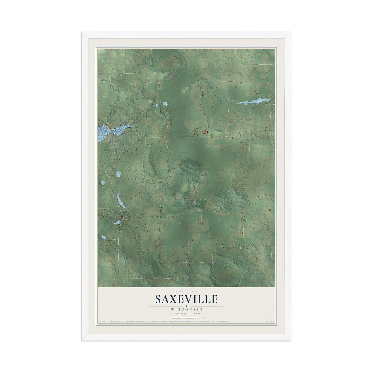 Map of Saxeville, Wisconsin, 12 x 18 inch print in a white wood frame