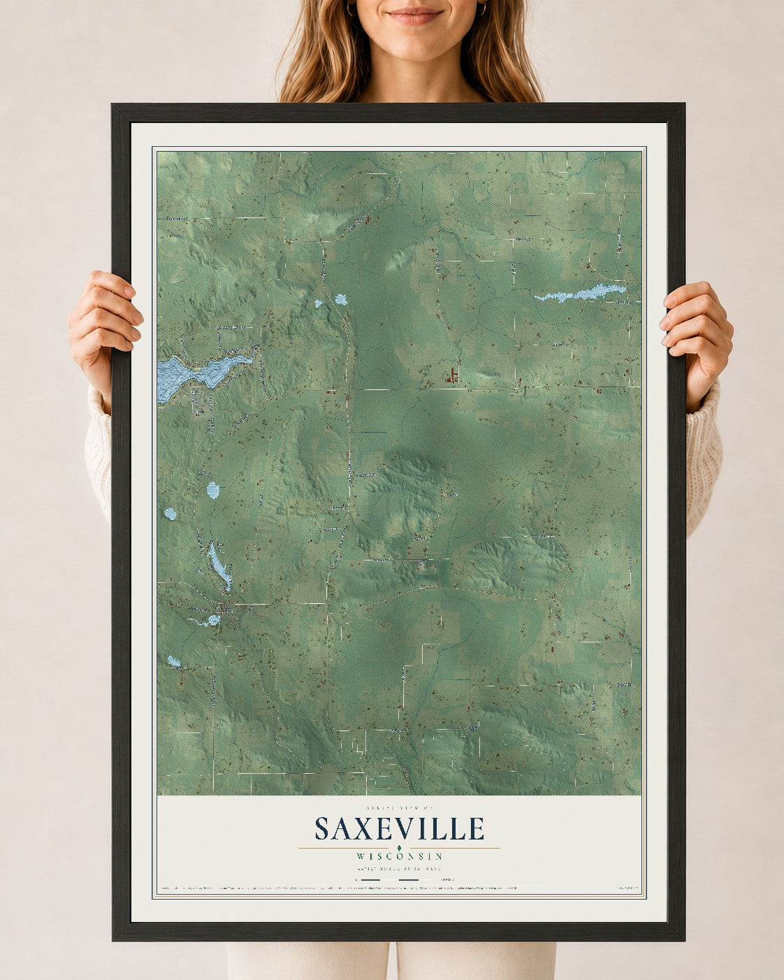 Map of Saxeville, Wisconsin, 24 x 36 inch print in a black wood frame