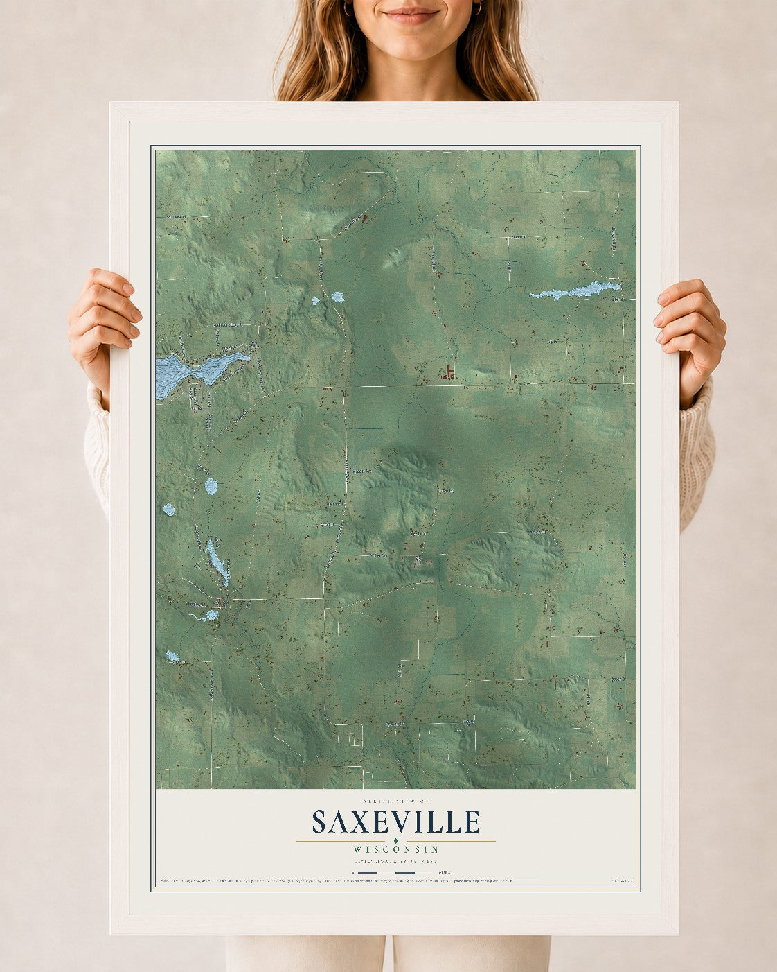 Map of Saxeville, Wisconsin, 24 x 36 inch print in a white wood frame