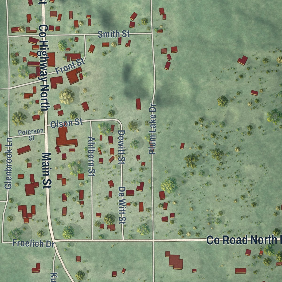 Close-up of the map of Sayner, Wisconsin print showing street and building detail