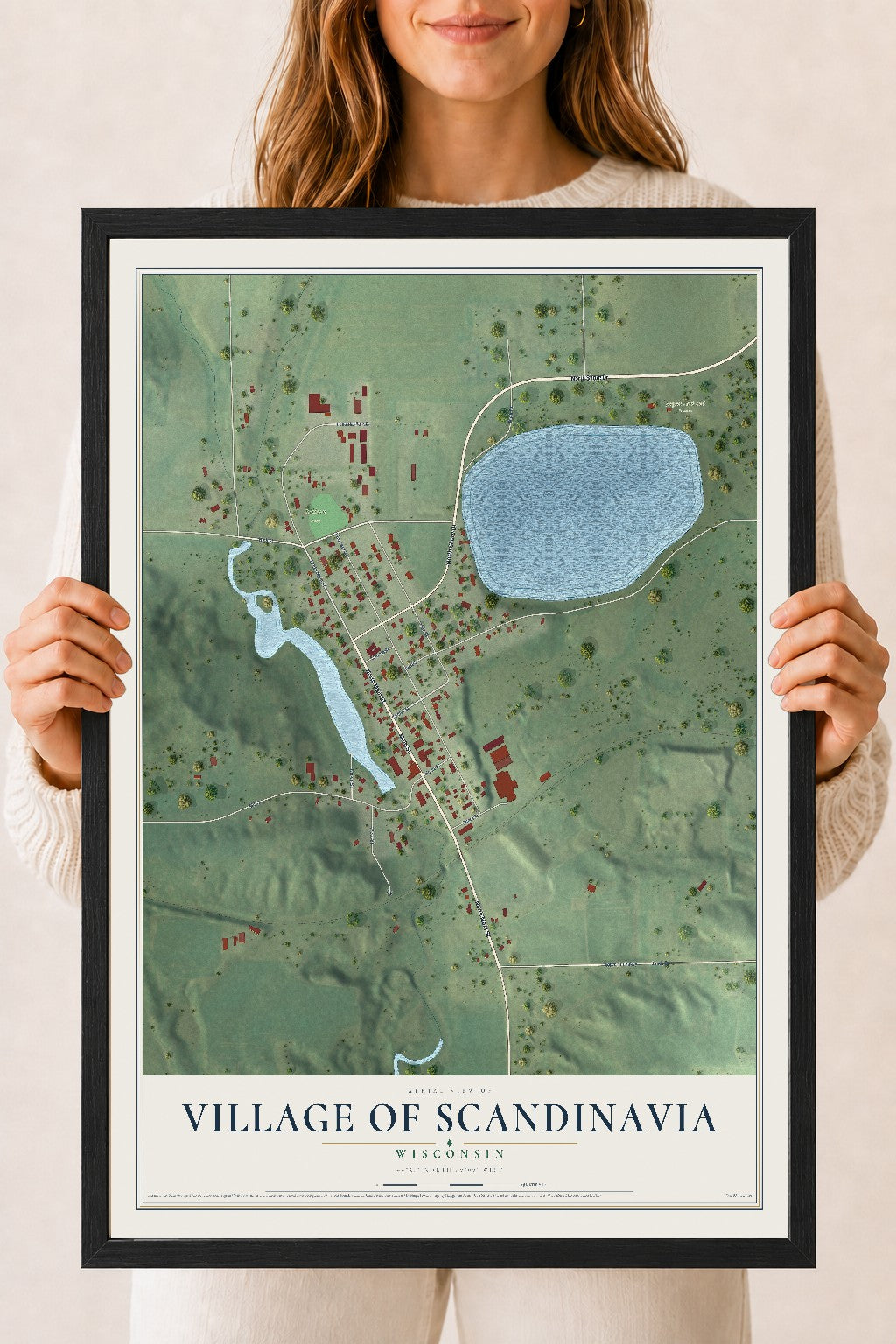 Map of Scandinavia, Wisconsin, 18 x 24 inch print in a black wood frame