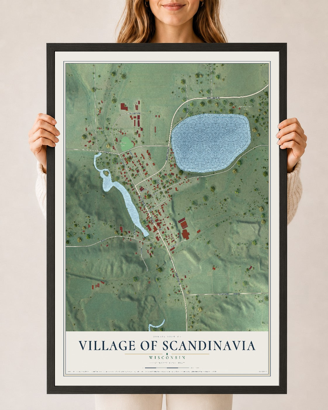 Map of Scandinavia, Wisconsin, 24 x 36 inch print in a black wood frame
