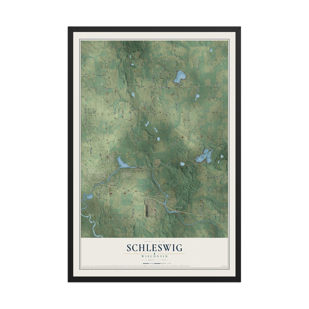 Map of Schleswig, Wisconsin, 12 x 18 inch print in a black wood frame