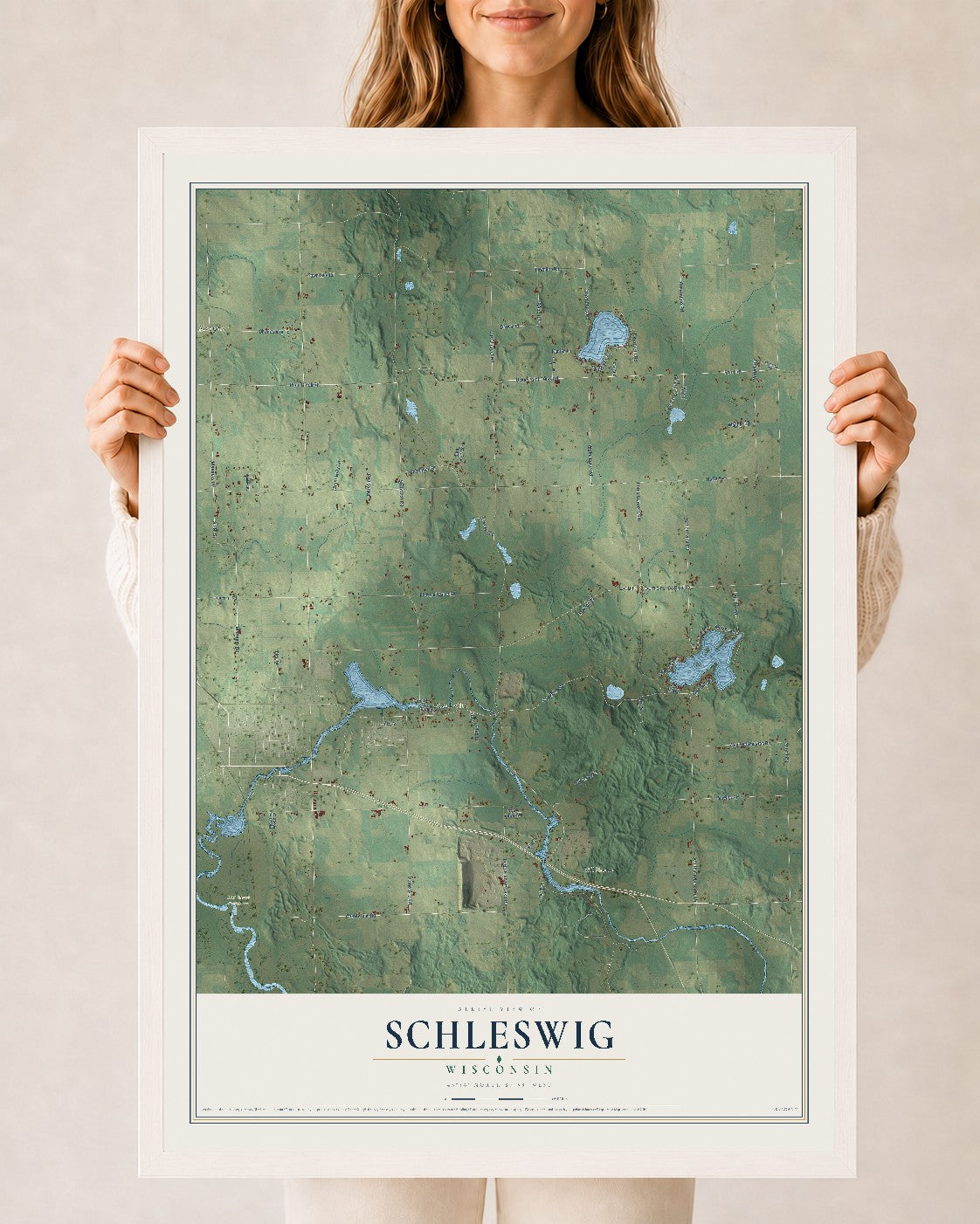Map of Schleswig, Wisconsin, 24 x 36 inch print in a white wood frame