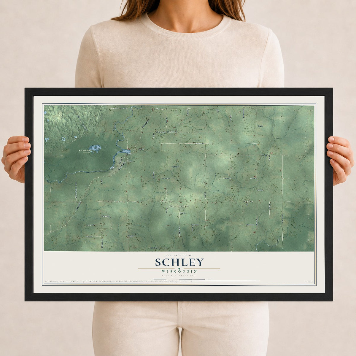 Map of Schley, Wisconsin, 12 x 18 inch print in a black wood frame